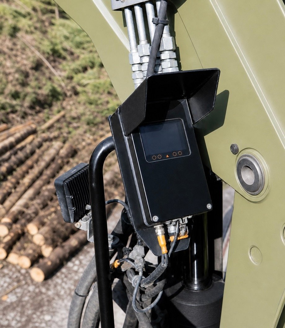 WeighPro Classic top-seat display unit mounted externally on a forestry crane