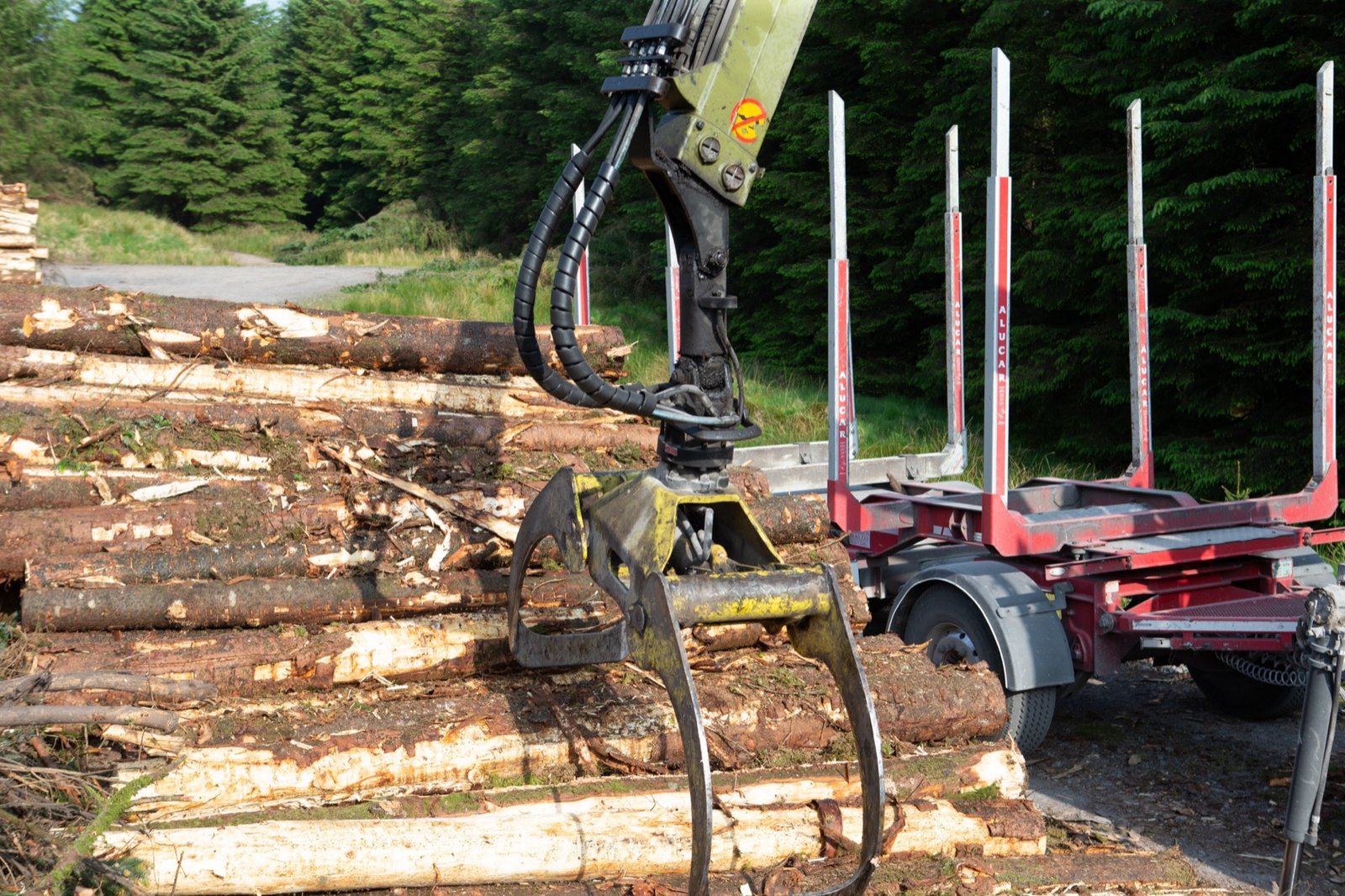 Red timber trailer being loaded at the roadside
