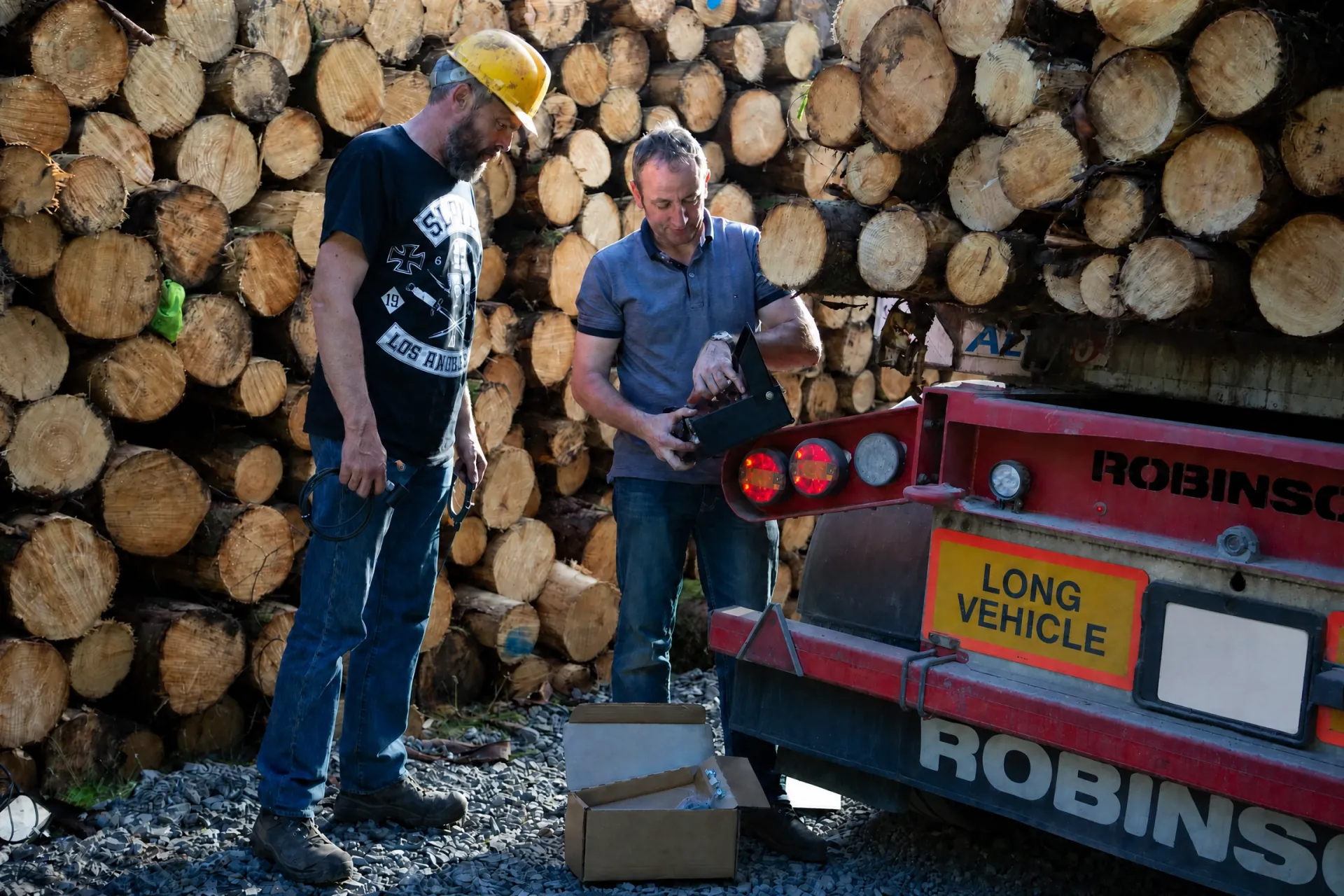 Timber truck fitted with a WeighPro Classic weighing system, supplied by dealer Portnahinch Products in Co. Laois, Ireland
